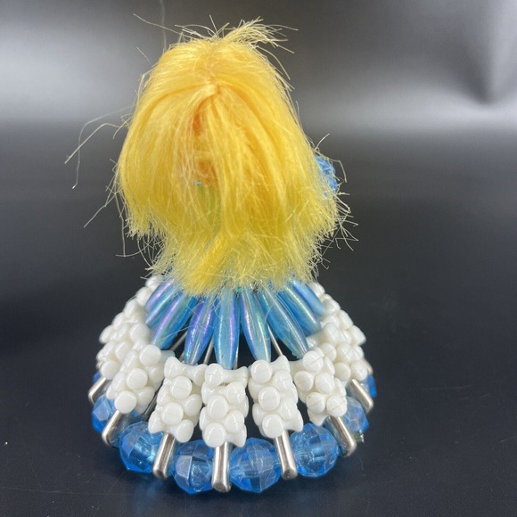 Vintage Tramp Art Doll Head Beaded Safety Pin Girls Blue Red Dress Display - Picture 15 of 16